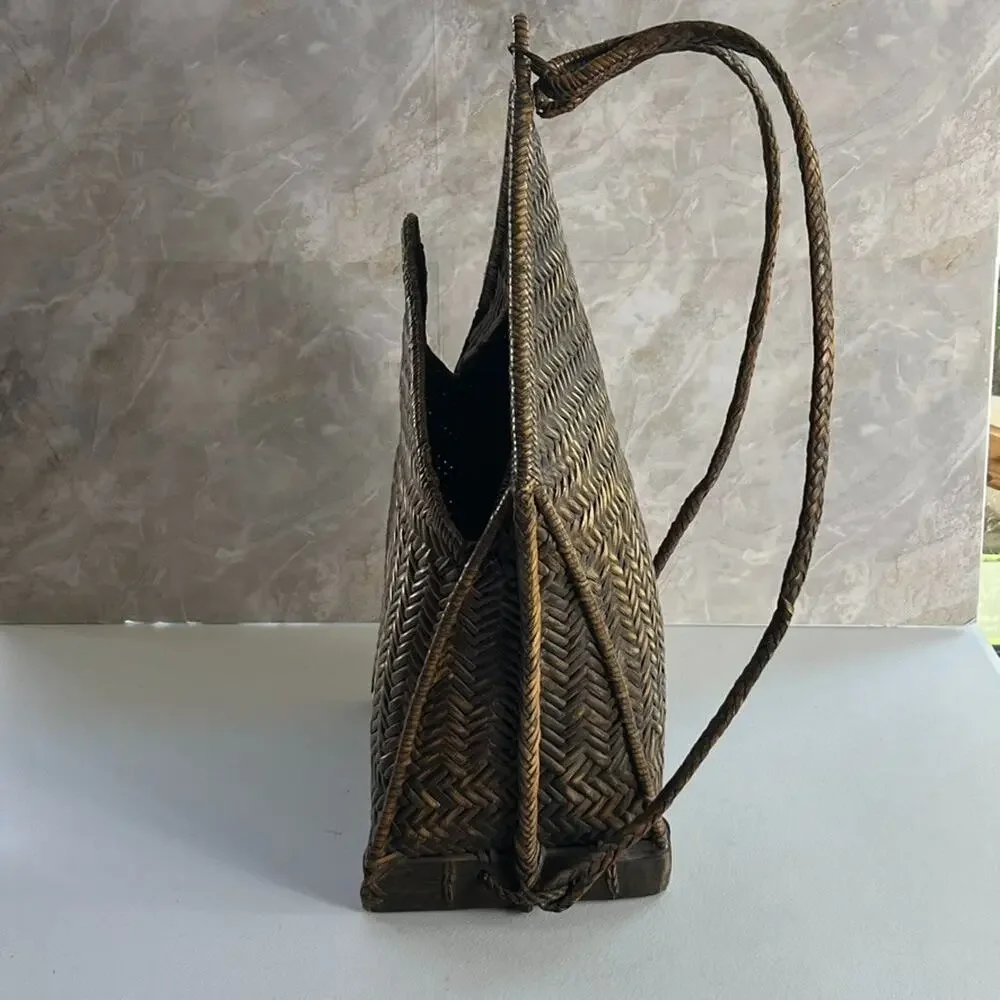 Vintage Ifugao Natural Carved Woven Wicker Basket Backpack From the Philippines